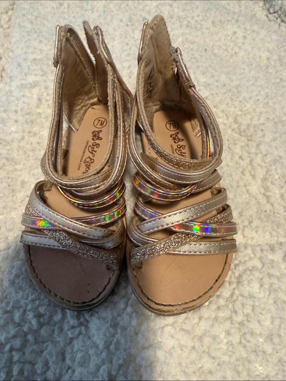 Self Esteem Rose Gold Holographic Strap Girls Sandals